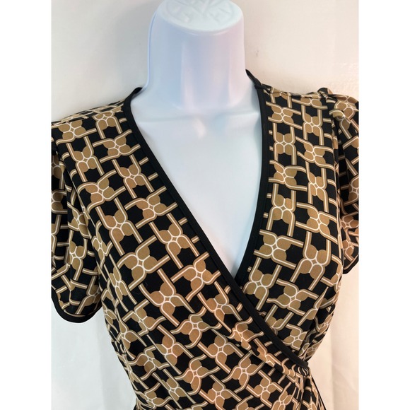 Women's Geometric‎ Wrap Midi Dress Short Puff Sleeves S Secretary 50's Church - Picture 5 of 13